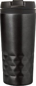 Stainless steel travel mug (300 ml) with black lid, also available with coloured stainless steel.