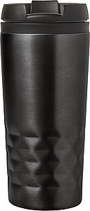 Stainless steel travel mug (300 ml) with black lid, also available with coloured stainless steel.