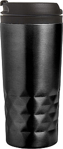 Stainless steel travel mug (300 ml) with black lid, also available with coloured stainless steel.