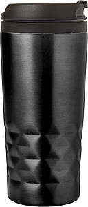 Stainless steel travel mug (300 ml) with black lid, also available with coloured stainless steel.