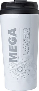Stainless steel travel mug (300 ml) with black lid, also available with coloured stainless steel.