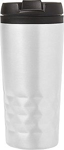 Stainless steel travel mug (300 ml) with black lid, also available with coloured stainless steel.