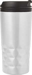 Stainless steel travel mug (300 ml) with black lid, also available with coloured stainless steel.