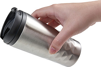 Stainless steel travel mug (300 ml) with black lid, also available with coloured stainless steel.