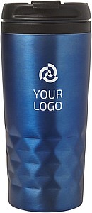 Stainless steel travel mug (300 ml) with black lid, also available with coloured stainless steel.