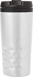 Stainless steel travel mug (300 ml) with black lid, also available with coloured stainless steel.