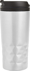 Stainless steel travel mug (300 ml) with black lid, also available with coloured stainless steel.