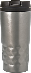 Stainless steel travel mug (300 ml) with black lid, also available with coloured stainless steel.