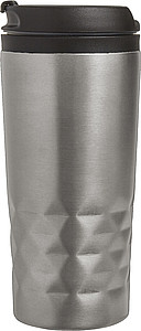 Stainless steel travel mug (300 ml) with black lid, also available with coloured stainless steel.