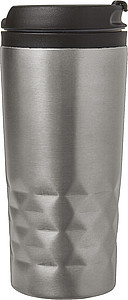 Stainless steel travel mug (300 ml) with black lid, also available with coloured stainless steel.