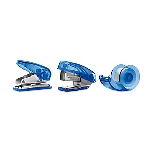 Stationery set in plastic box, transparent blue