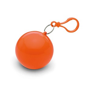 Transparent PE poncho wrapped in an AS ball shell with carabiner hook to hang on a belt or a bag.