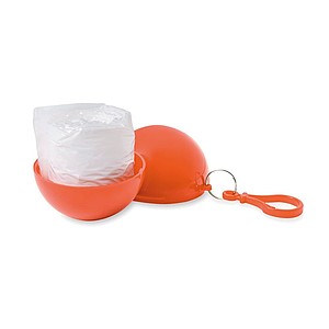 Transparent PE poncho wrapped in an AS ball shell with carabiner hook to hang on a belt or a bag.