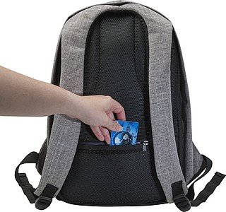 Two-tone polyester (600D) anti-theft backpack, with PVC backing.