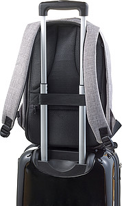 Two-tone polyester (600D) anti-theft backpack, with PVC backing.