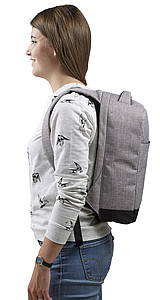 Two-tone polyester (600D) anti-theft backpack, with PVC backing.