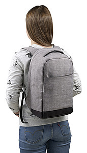 Two-tone polyester (600D) anti-theft backpack, with PVC backing.