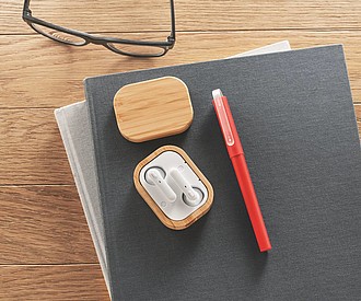 TWS earbuds in bamboo case