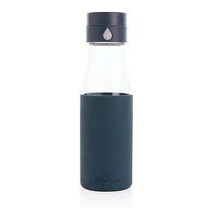 Ukiyo glass hydration tracking bottle with sleeve