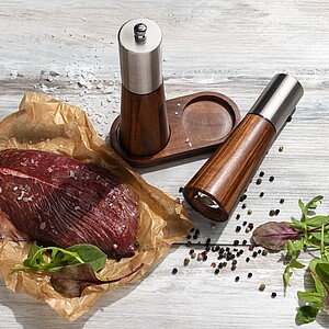 VANILLA SEASON OGANO Elegant salt and pepper mill set with a wooden stand