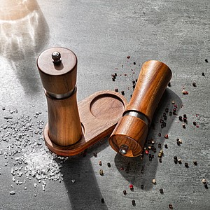 VANILLA SEASON SABARI Elegant salt and pepper mill set with a stand