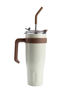 Vanilla Season thermomug XL, with beige straw and beige plastic opening and handle, 1100ml, 304ss + 201 ss, lasered logo on the bottom