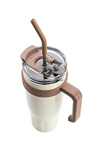 Vanilla Season thermomug XL, with beige straw and beige plastic opening and handle, 1100ml, 304ss + 201 ss, lasered logo on the bottom