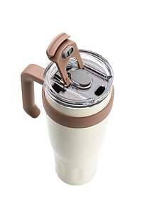 Vanilla Season thermomug XL, with beige straw and beige plastic opening and handle, 1100ml, 304ss + 201 ss, lasered logo on the bottom