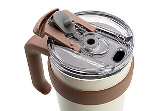 Vanilla Season thermomug XL, with beige straw and beige plastic opening and handle, 1100ml, 304ss + 201 ss, lasered logo on the bottom