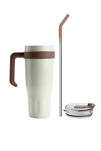 Vanilla Season thermomug XL, with beige straw and beige plastic opening and handle, 1100ml, 304ss + 201 ss, lasered logo on the bottom