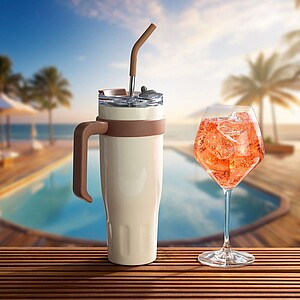Vanilla Season thermomug XL, with beige straw and beige plastic opening and handle, 1100ml, 304ss + 201 ss, lasered logo on the bottom