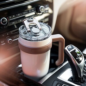Vanilla Season thermomug XL, with beige straw and beige plastic opening and handle, 1100ml, 304ss + 201 ss, lasered logo on the bottom