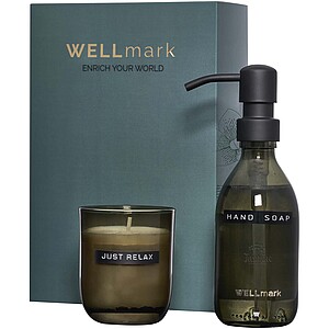 Wellmark Discovery 250 ml hand soap dispenser and 150 g scented candle set, black