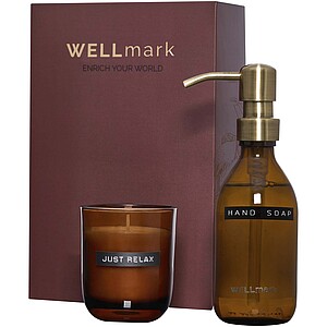 Wellmark Discovery 250 ml hand soap dispenser and 150 g scented candle set, maroon