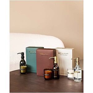 Wellmark Discovery 250 ml hand soap dispenser and 150 g scented candle set, maroon