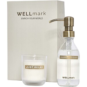 Wellmark Discovery 250 ml hand soap dispenser and 150 g scented candle set, white