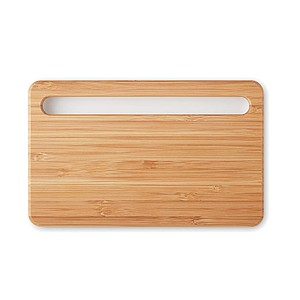Wireless charger with bamboo top, USB hub and smartphone stand/holder. USB output DC5V/1A.