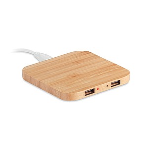 Wireless charging pad with 2 USB port 2.0 hubs in bamboo. Output DC 5V/1.0A.