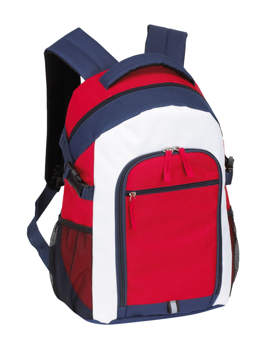 red backpack with white straps