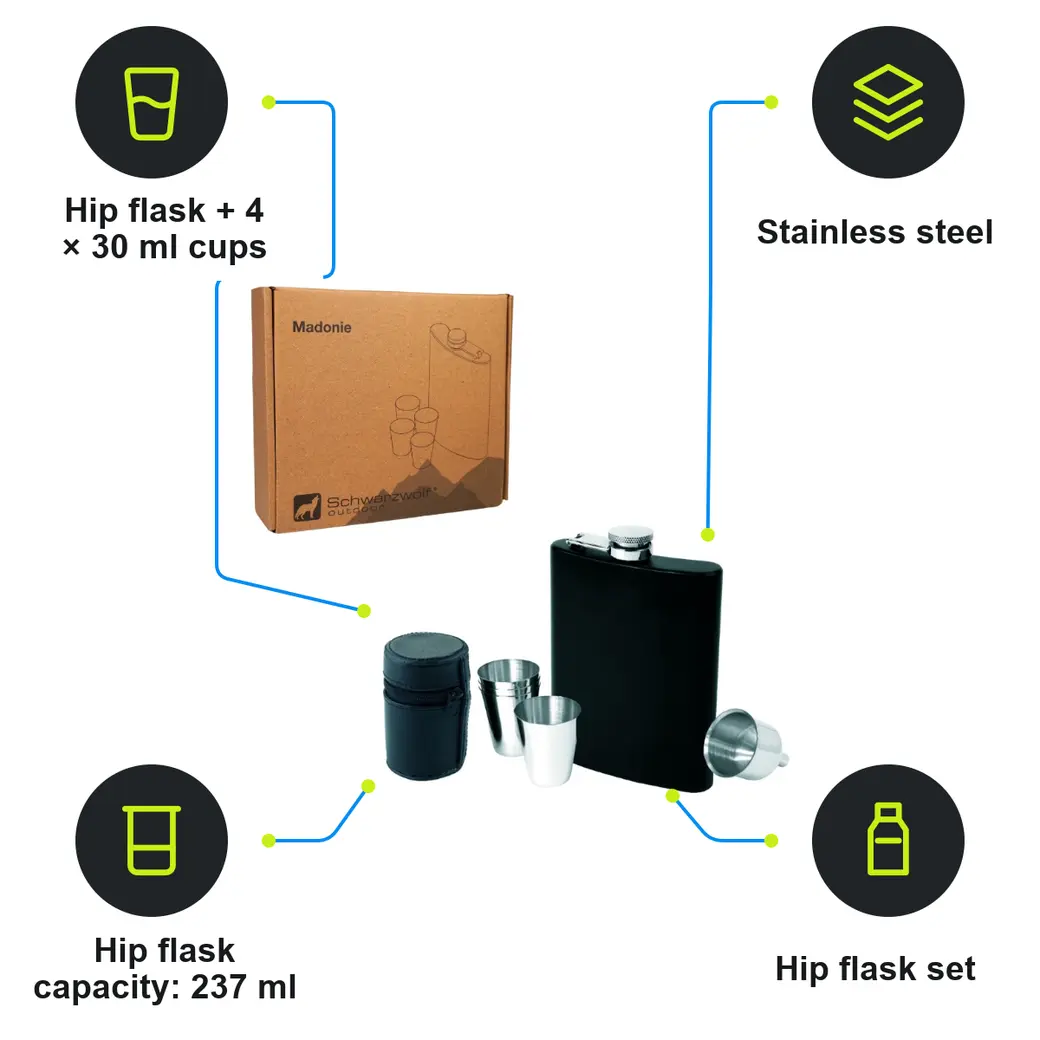 Infographic: SCHWARZWOLF MADONIE Hip flask set with 4 shot cups and a funnel, 237 ml capacity