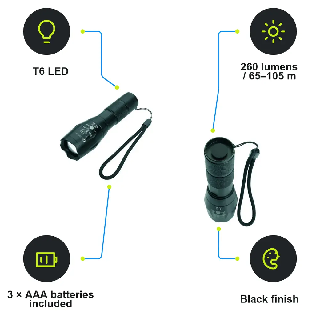 Infographic: SCHWARZWOLF ANTELAO Metal torch with T6 LED, black