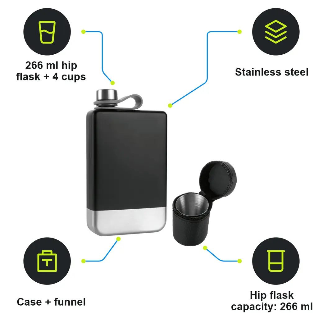 Infographic: SCHWARZWOLF TAHAT Hip flask set with 4 shot cups and a funnel, 266 ml