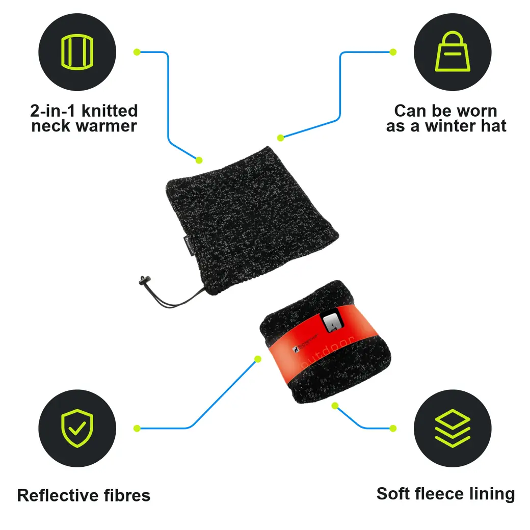 Infographic: SCHWARZWOLF MOGOTON Knitted reflective 2in1 fleece-lined neck warmer, black