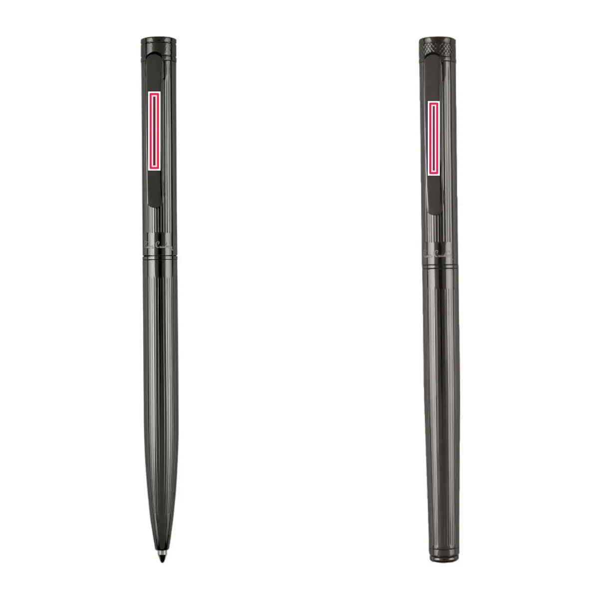 Print location: RENEE metal ballpoint pen and rollerball pen set with blue ink, gunmetal – Pen and rollerball clips