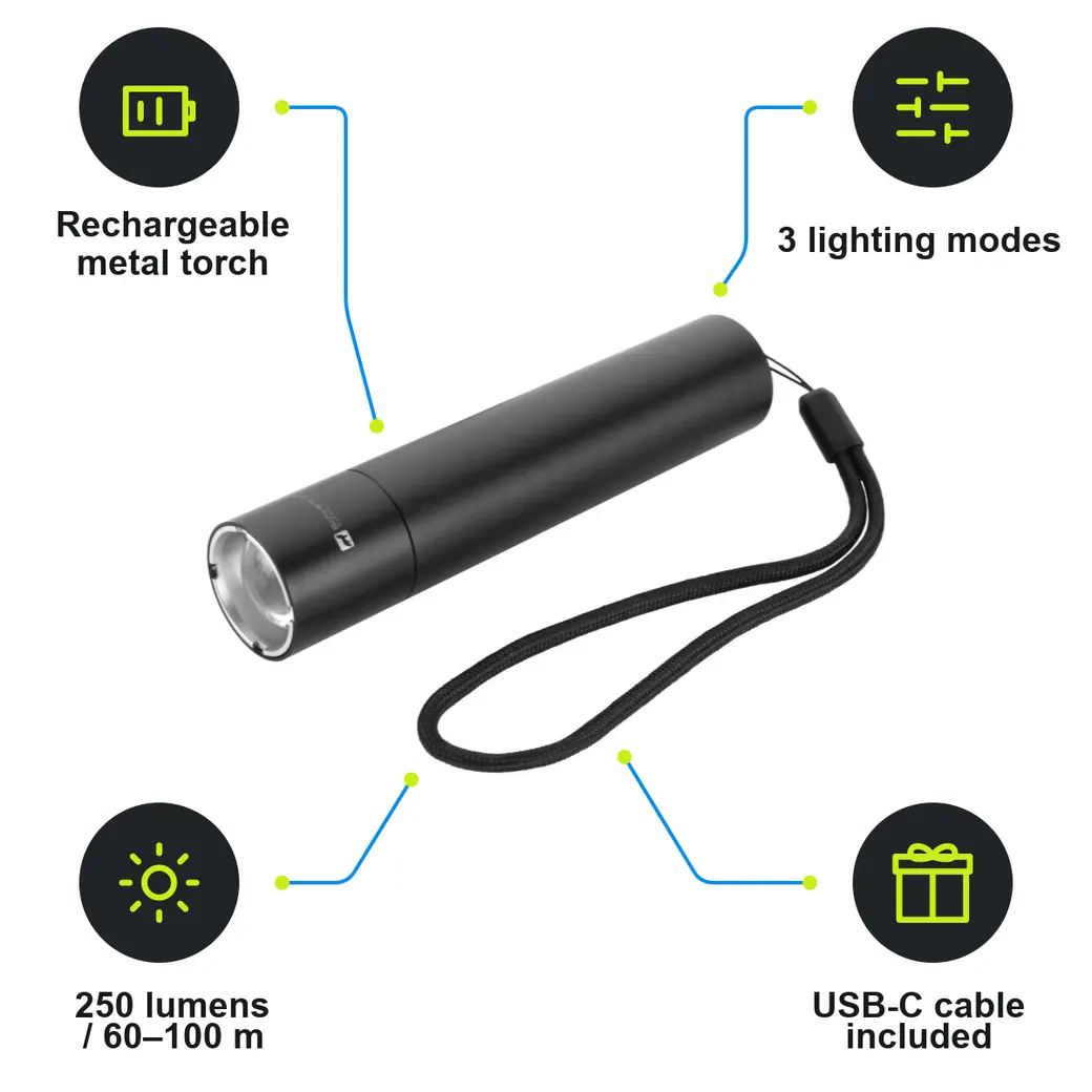 Infographic: SCHWARZWOLF ZAGROS Rechargeable torch with 5W XPG diode, black