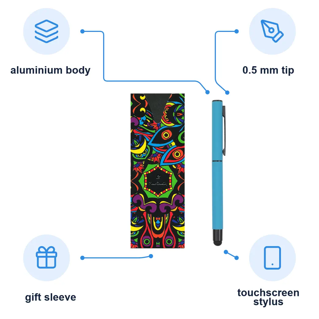 Infographic: PIERRE CARDIN CELEBRATION Metal rollerball pen with stylus, light blue