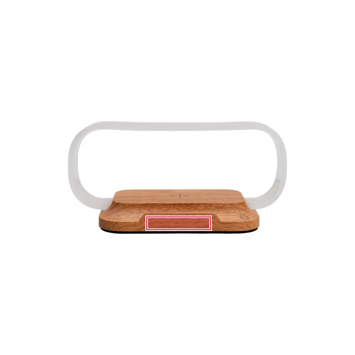 Print placement: JEROME Phone Charging Stand 15w - Front Edge of Wooden Base