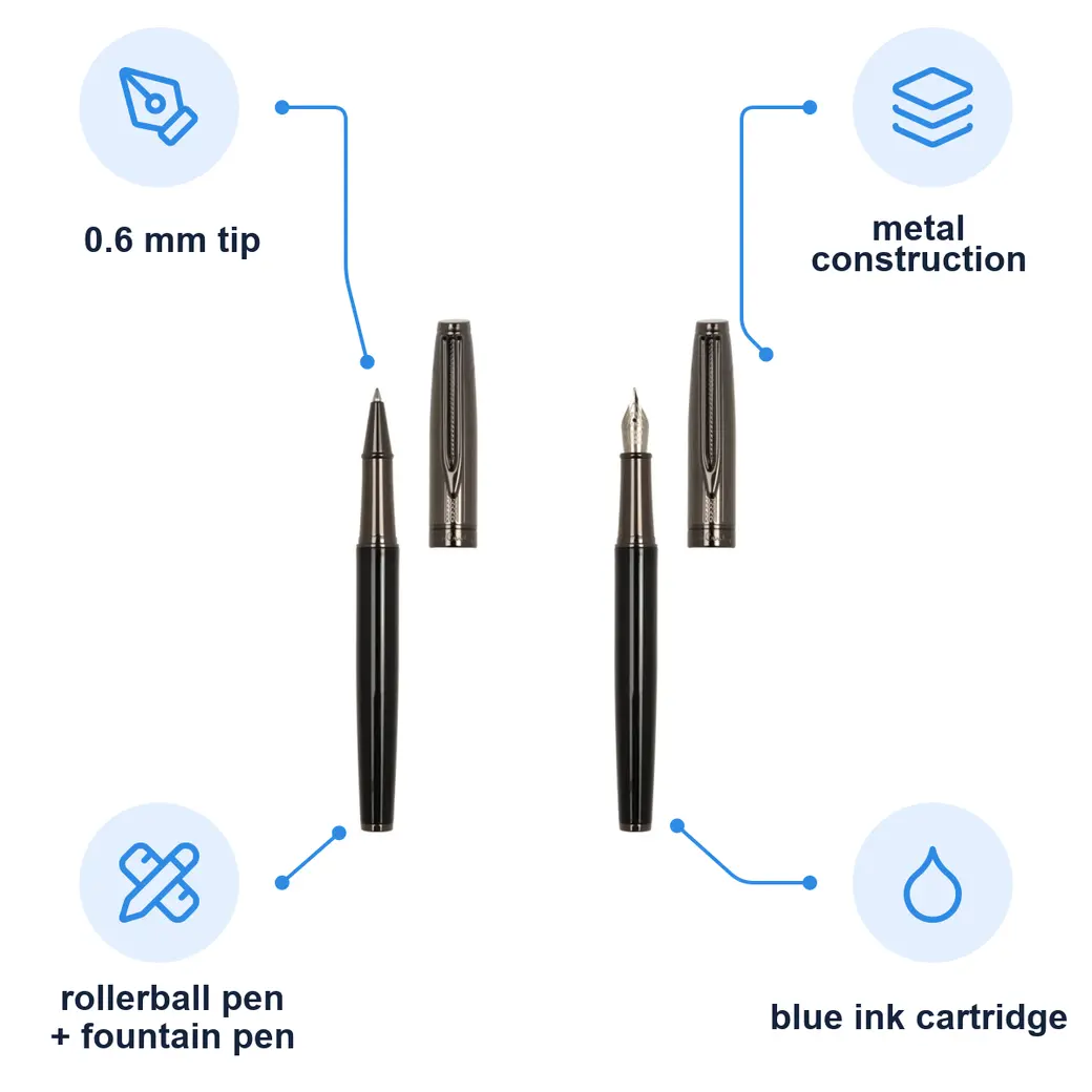 Infographic: PIERRE CARDIN ODETTE SET rollerball and fountain pen set, black/gunmetal