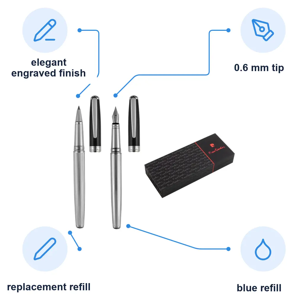 Infographic: PIERRE CARDIN CHRISTOPHE Rollerball pen & Fountain Pen Set, Silver/Black