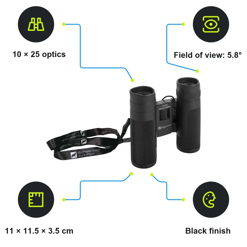 Infographic: SCHWARZWOLF TRIVOR Binoculars 10 x 25 in neoprene case